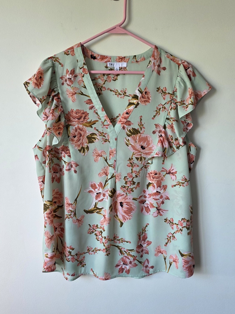 DR2 Women’s Floral Blouse Mint Pink Ruffle Sleeve V-Neck XL Feminine Romantic
